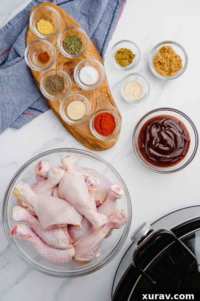 Slow Cooker BBQ Drumsticks ingredients in bowls on a table.