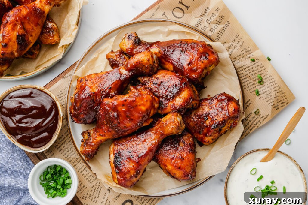 Slow Cooker BBQ Drumsticks on a plate with sauces to the side