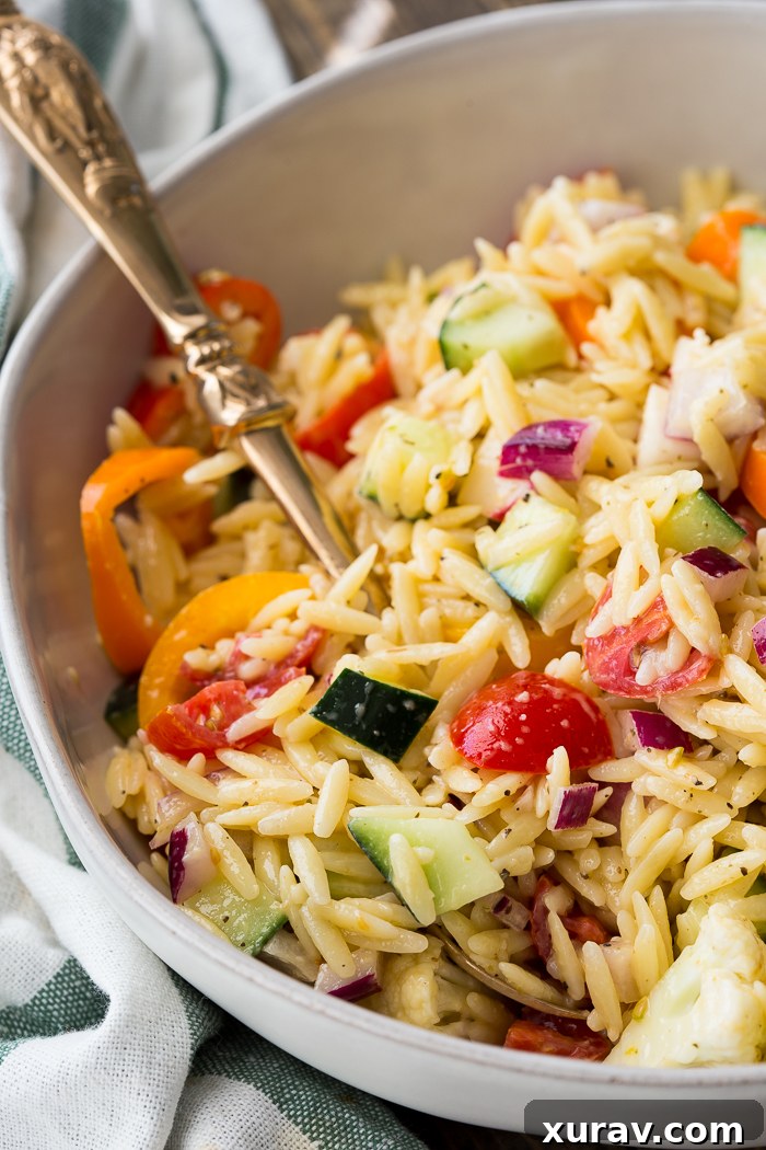 Vibrant Orzo Pasta Salad in a bowl, perfect for summer meals, with fresh ingredients visible.