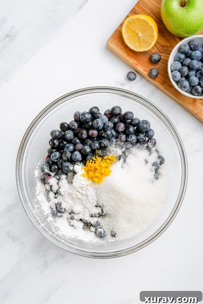 Adding the rest of the ingredients to blueberry pie filling. 