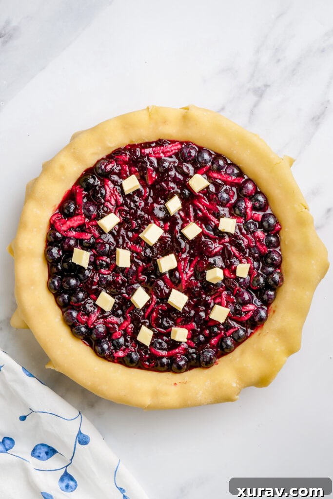 filling a pie with blueberry filling and dotting it with butter. 