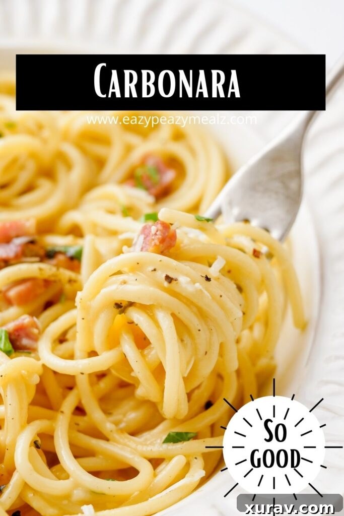 Spaghetti carbonara, a creamy, delicious bacon-filled spaghetti ready to be enjoyed.