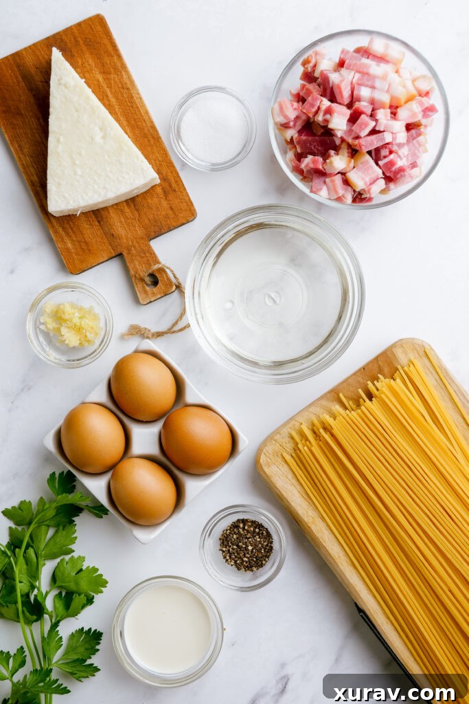 A beautiful spread of creamy carbonara ingredients, including fresh eggs, a block of Pecorino cheese, heavy cream, thick-cut bacon, garlic, and fresh pepper, laid out for cooking.