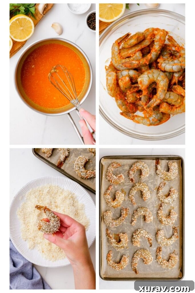 Baked shrimp that is breaded and cooked on a sheet pan for crispy, delicious results. 