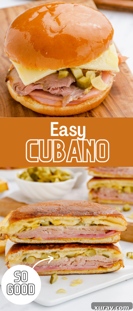 A collage of two images showing a Cuban sandwich, one whole and one sliced, with text overlay for Pinterest.