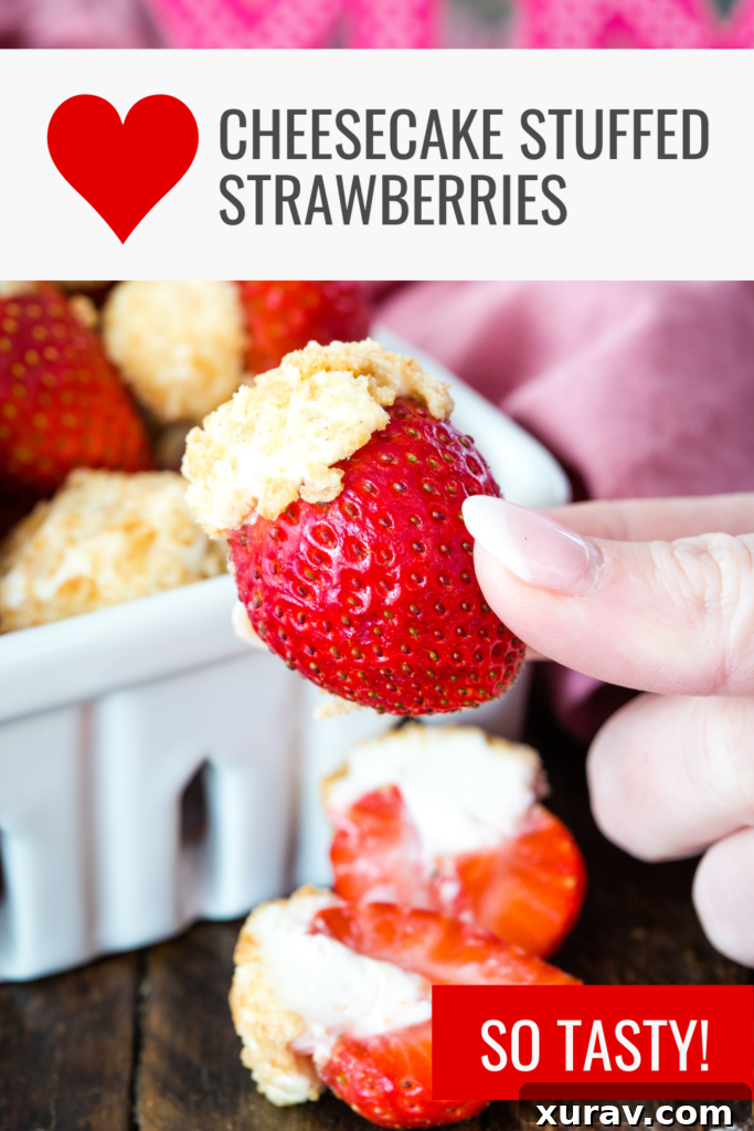 The most decadent cheesecake stuffed strawberries: Juicy strawberries with creamy cheesecake filling, and crunchy graham cracker topping. 