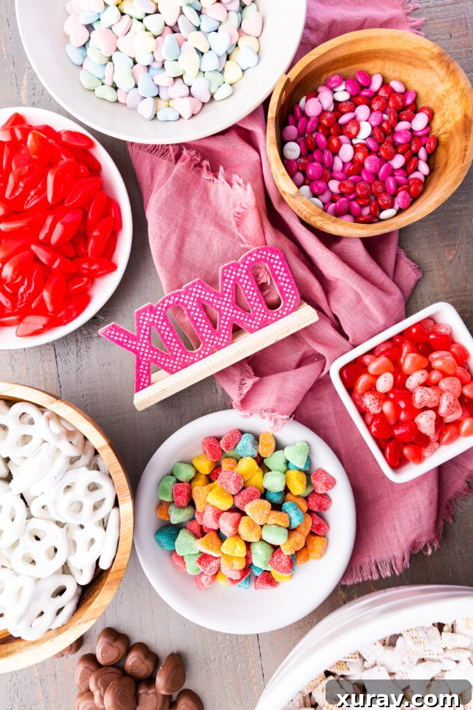 Ingredients needed for the BEST Valentine Snack Mix, made with Chex cereal and featuring sweet and salty, crunchy and chewy. It has it all and is SO EASY to make!