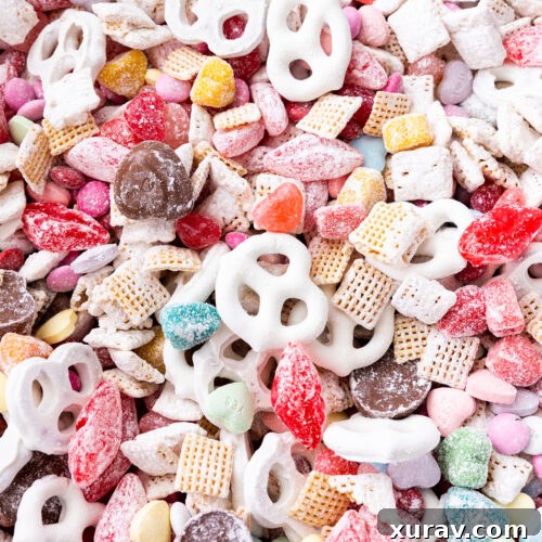 A valentine snack mix that is crunchy, chewy, sweet, and salty. The perfect combo.