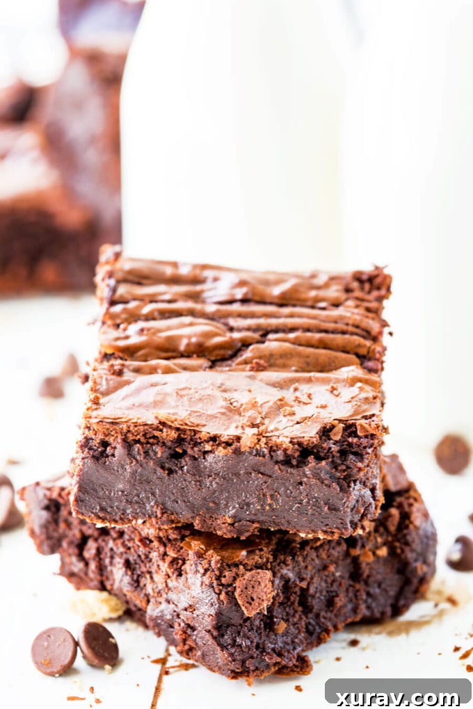 The best chewy chocolate brownies, fudgy middle, crispy top! A delicious dessert.