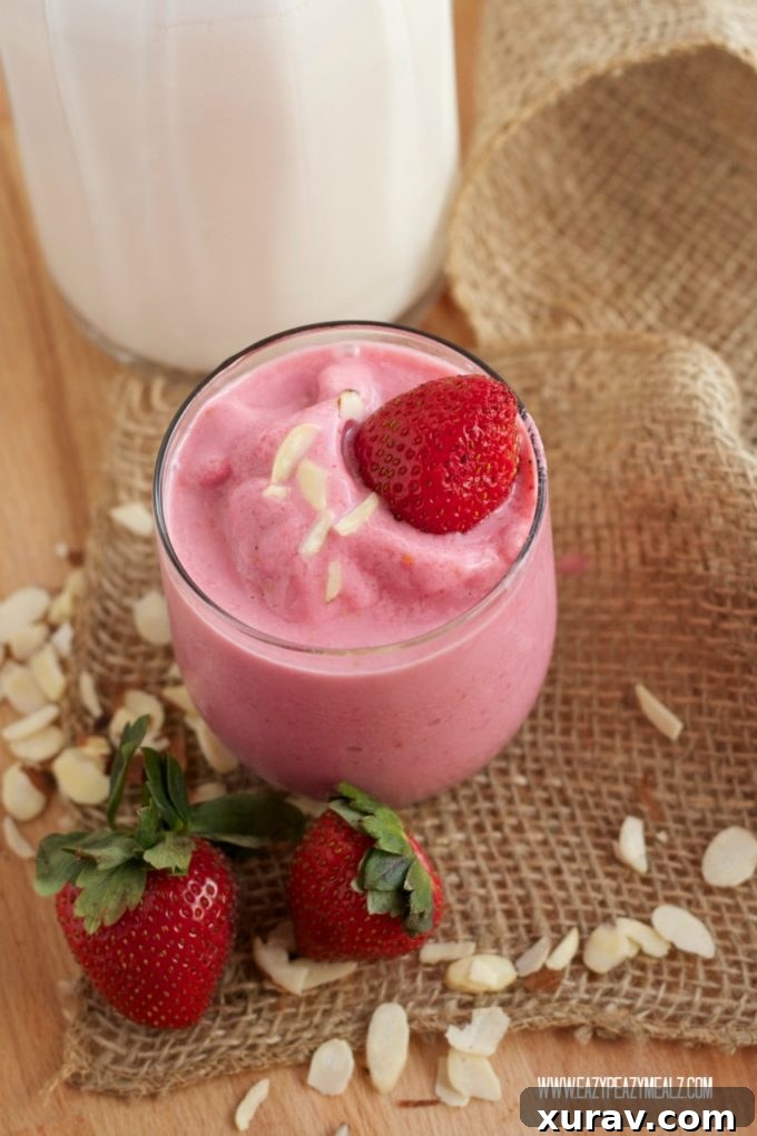 Strawberry almond milkshake, healthy and garnished