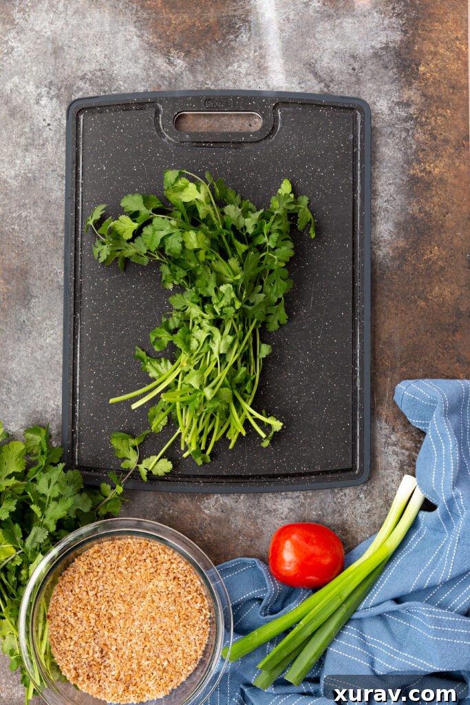 Fresh, finely chopped parsley ready for a vibrant tabbouleh salad, emphasizing the importance of fresh ingredients and proper preparation.
