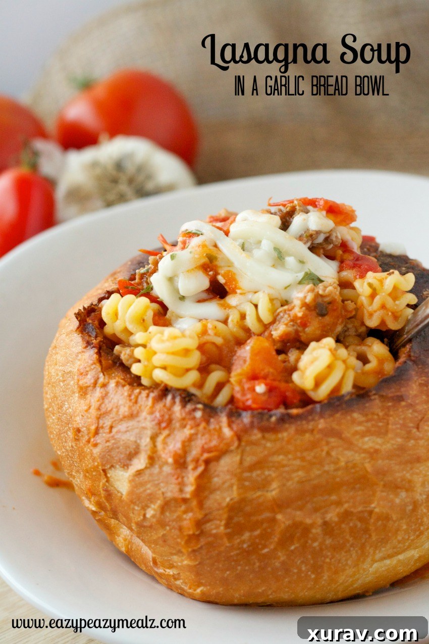 Lasagna Soup in a Garlic Bread Bowl: Comfort in Every Spoonful