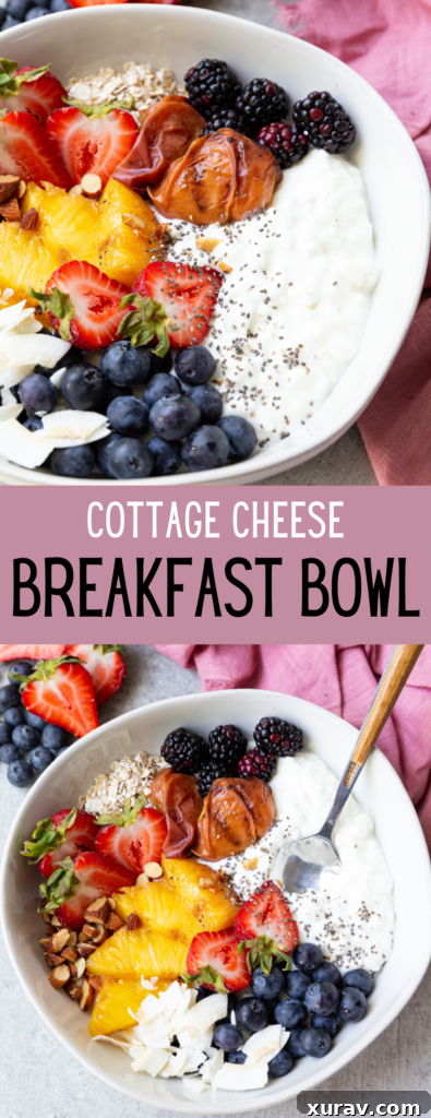 High protein cottage cheese breakfast bowl with grilled fruit, fresh berries, nuts, seeds, and more. 