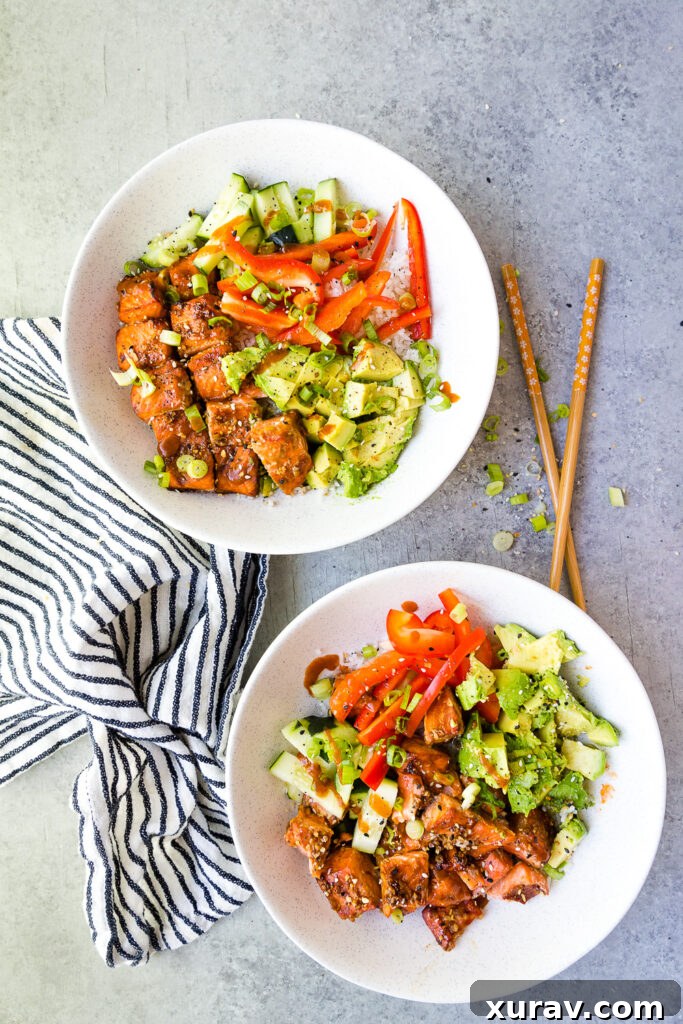 Salmon Rice Bowls- tangy veggies, sweet heat salmon, tender rice, and creamy avocado