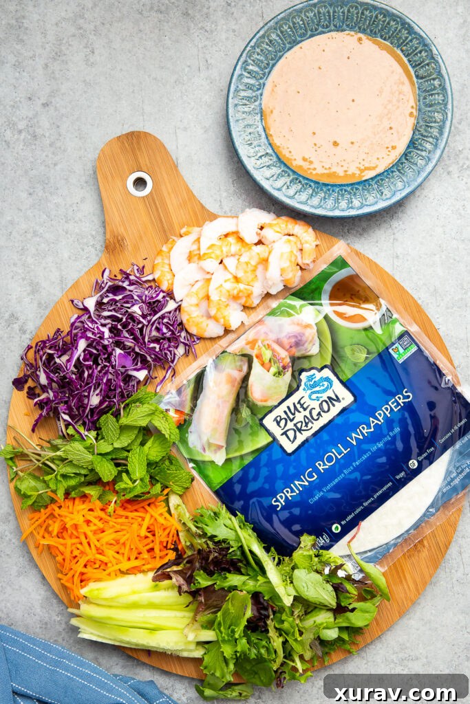 Ingredients needed to make spring rolls quickly and easily.