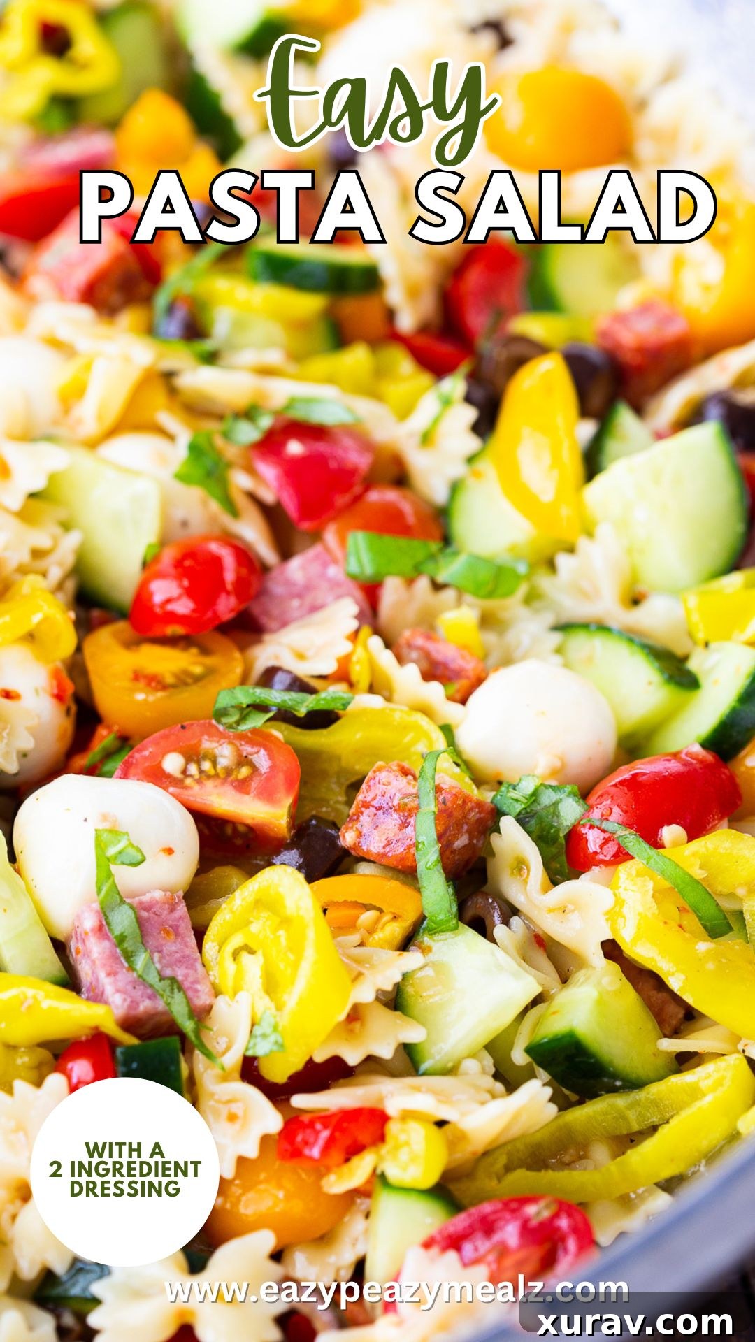 Easy Pasta Salad is loaded with satisfying crunch, vibrant color, and incredible flavor, and is effortlessly simple to make with its 2-ingredient dressing. This will quickly become your go-to potluck item all summer long, impressing everyone with its freshness and taste.