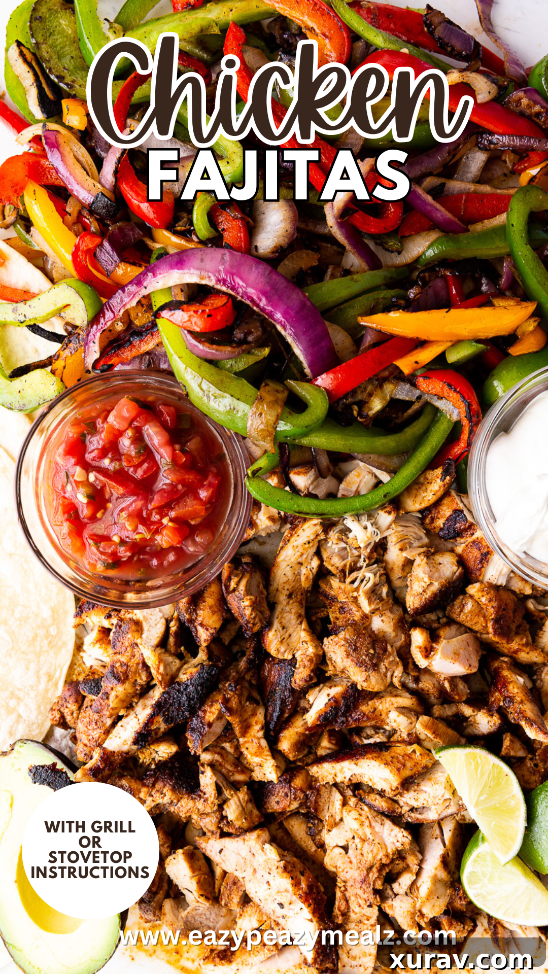 Easy to make chicken fajitas. A simple spice rub, and a couple different cooking methods so you can make them your way. A vibrant image for social sharing.
