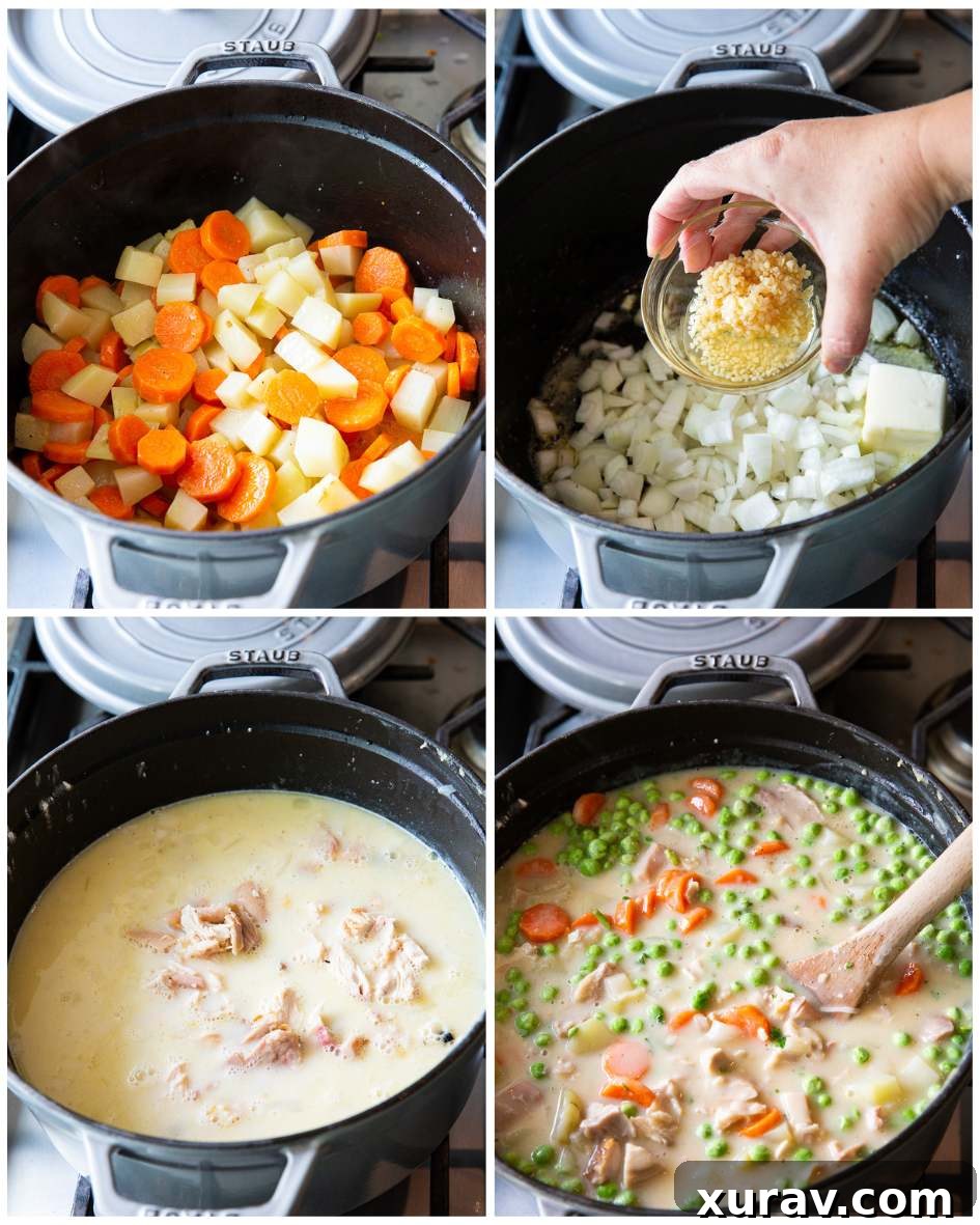 Making Chicken Pot Pie, the steps for getting the perfect filling. 
