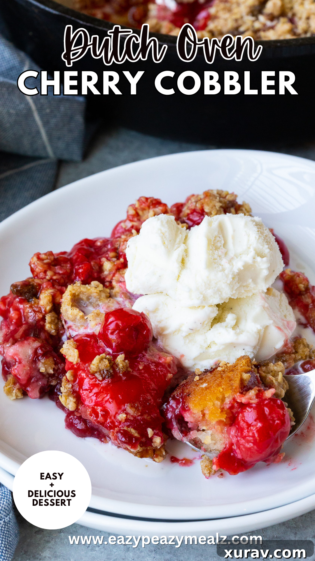 Easy to make dutch oven or cast iron skillet cherry cobbler, this easy to make cobbler is loaded with flavor and perfect for summer desserts, optimized for Pinterest.