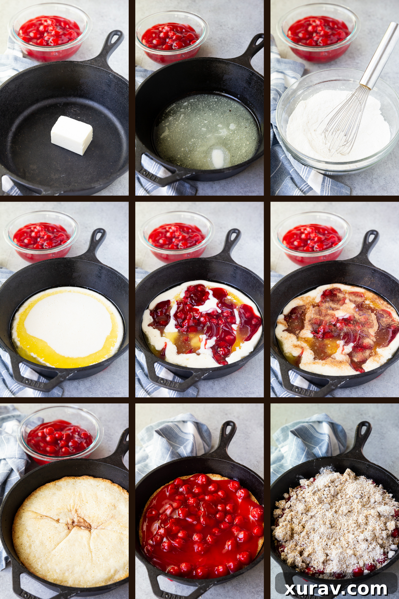 Making cherry cobbler in a cast iron skillet or Dutch oven, showing the layers before baking, beautifully arranged.