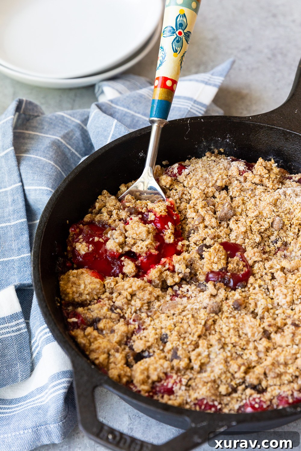 Cooked cherry cobbler, made in a cast iron skillet or Dutch oven, golden brown and bubbly, ready for serving.