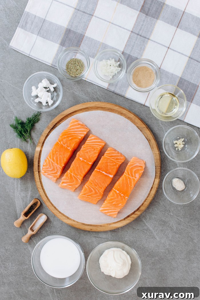 All the fresh ingredients needed for pan-seared salmon with creamy dill sauce