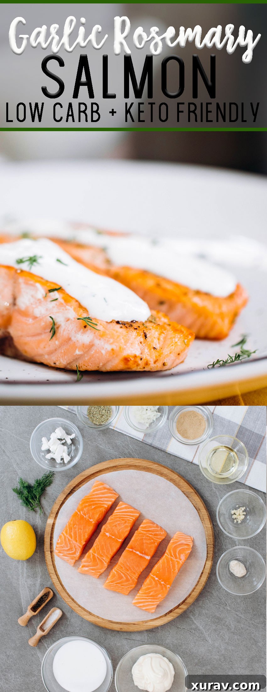 Pinterest pin for Garlic Rosemary Salmon with Creamy Dill Sauce