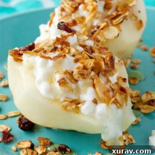 Honey Lime Cottage Cheese Stuffed Pears recipe card image.