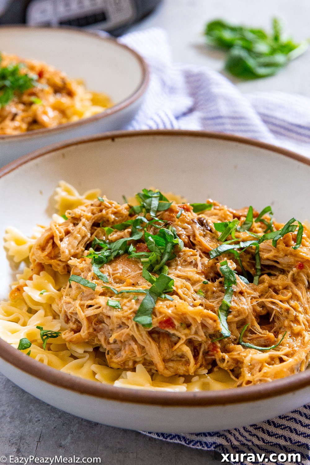 Crockpot Marry Me Chicken over bowtie noodles.