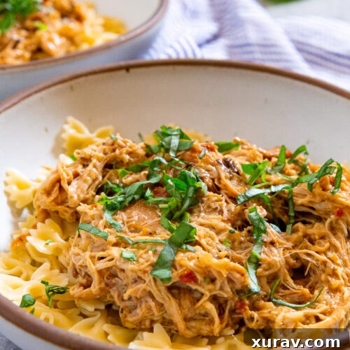 Crockpot Marry Me Chicken over bowtie noodles.