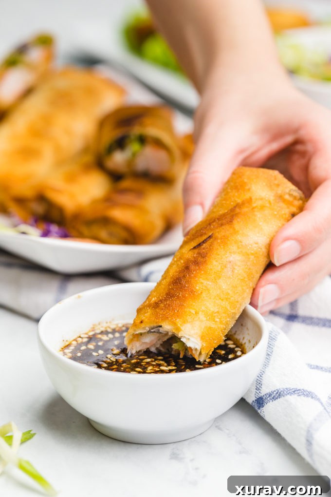 Great egg rolls, dipped in a great sauce, shrimp and veggies