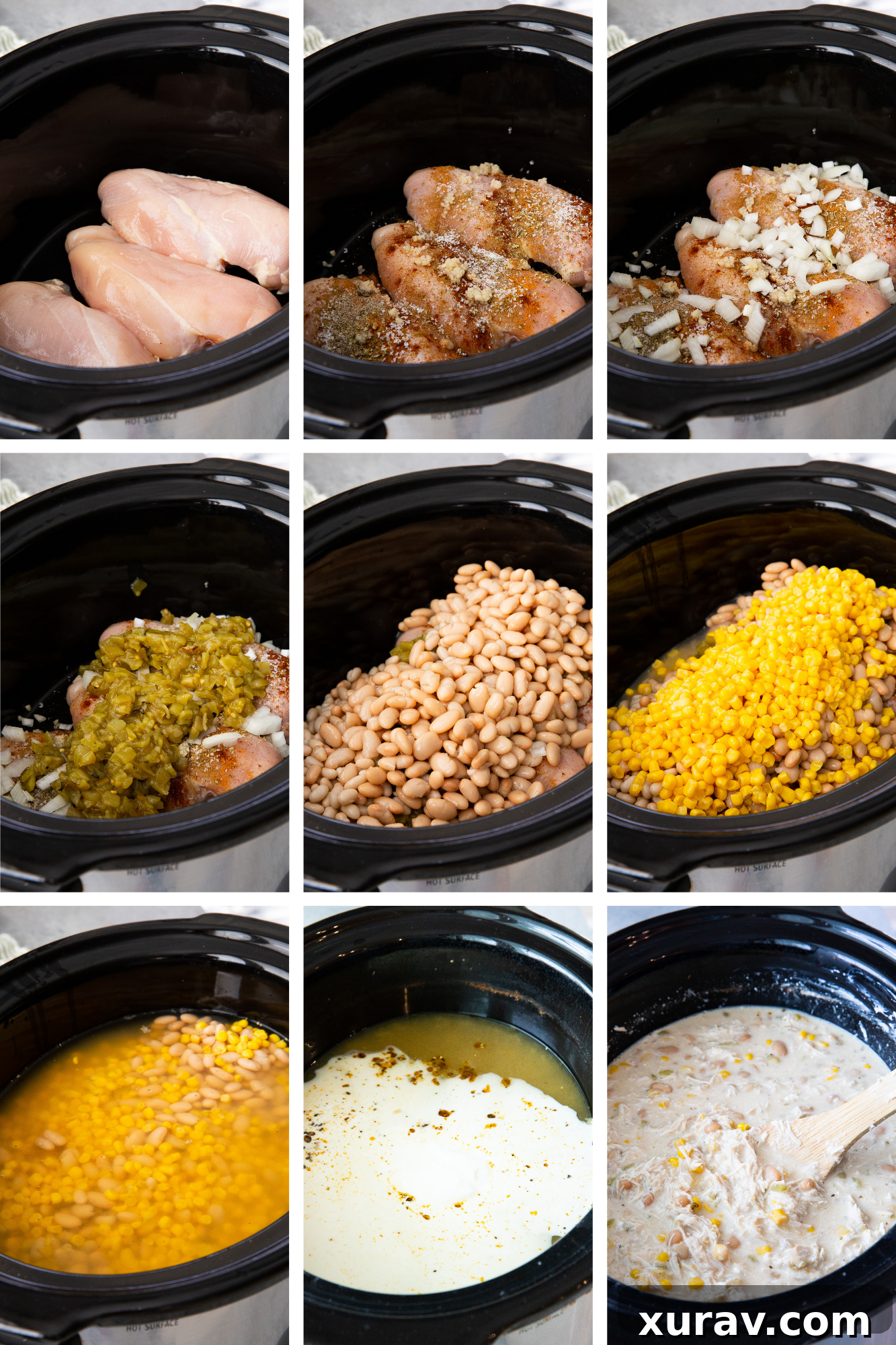 A step-by-step collage showing how to prepare white chicken chili in the slow cooker, from combining ingredients to the final creamy dish.