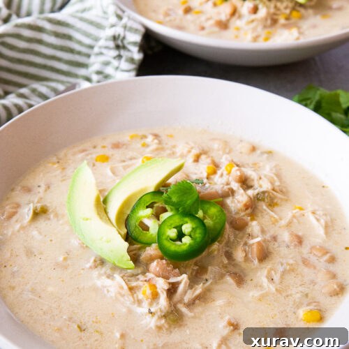 A beautifully presented bowl of creamy white chicken chili with various toppings, ready to serve.