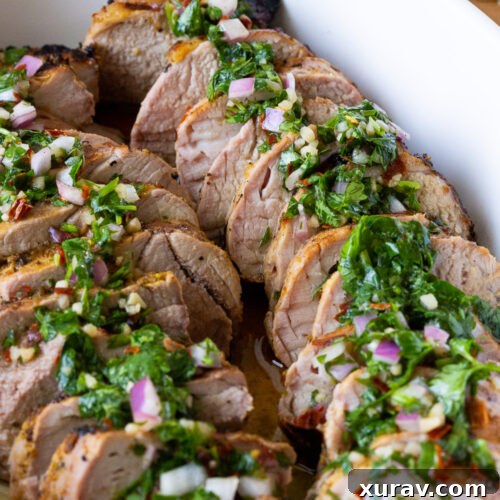Mojo pork tenderloin, a simple pork tenderloin with a chimichurri topping.