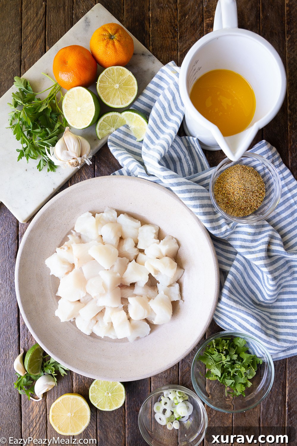 The ingredients you need to make halibut fish tacos with a citrus marinade and chimichurri