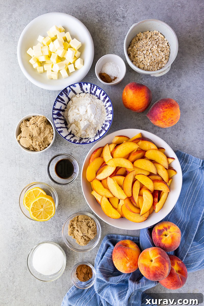 Simple ingredients for peach crisp: fresh or canned peaches, brown sugar, oats, flour, butter, and warm spices for a cozy, crowd-pleasing dessert.
