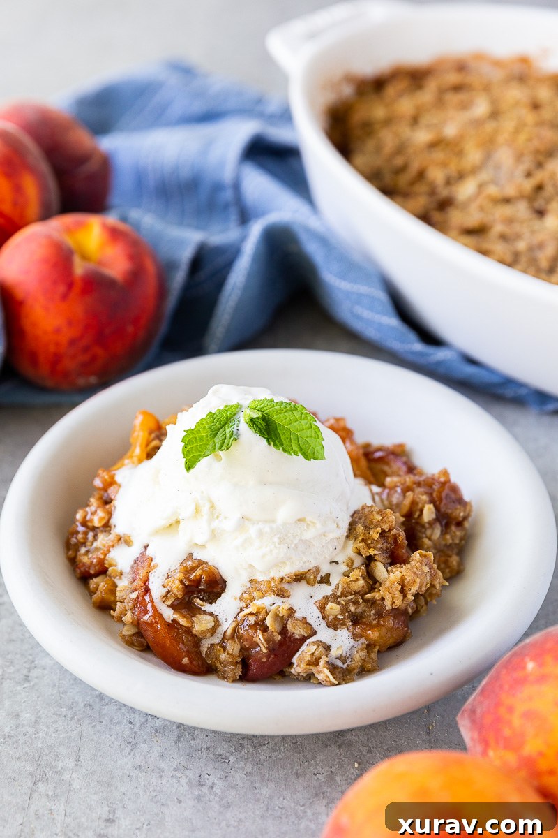 Warm peach crisp with a golden oat topping and a spoonful missing, topped with a scoop of melting vanilla ice cream for the ultimate cozy dessert.