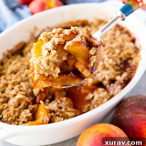 Golden, buttery peach crisp topped with a crisp oat crumble and served warm with a scoop of melting vanilla ice cream.
