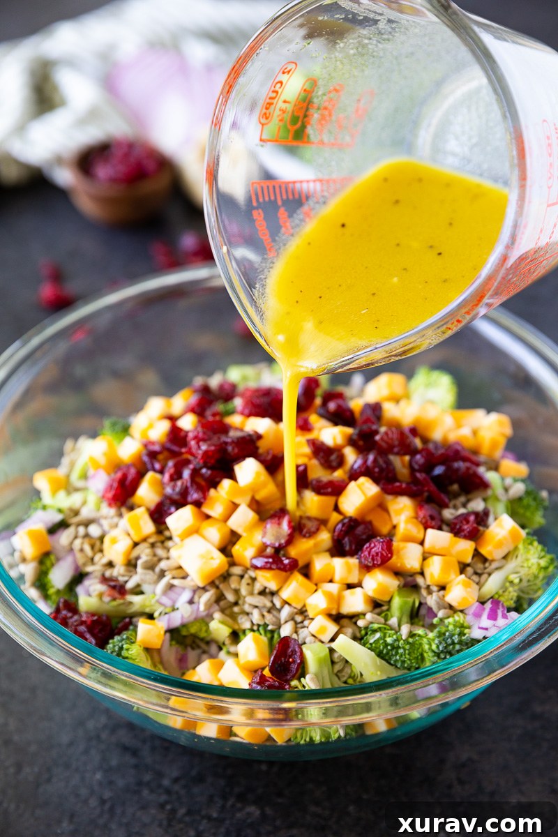 Fresh, crunchy broccoli salad tossed with sunflower seeds, cheese cubes, and dried cranberries, all coated in a tangy honey mustard dressing. Easy, make-ahead, and perfect for potlucks or healthy lunches!