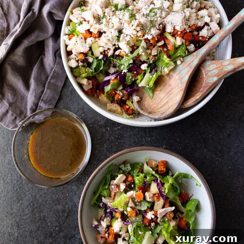 A hearty, flavor-packed salad with tender rotisserie chicken, roasted sweet potatoes, fresh greens, creamy feta, and a simple balsamic dressing. Perfect for an easy, nutritious meal.
