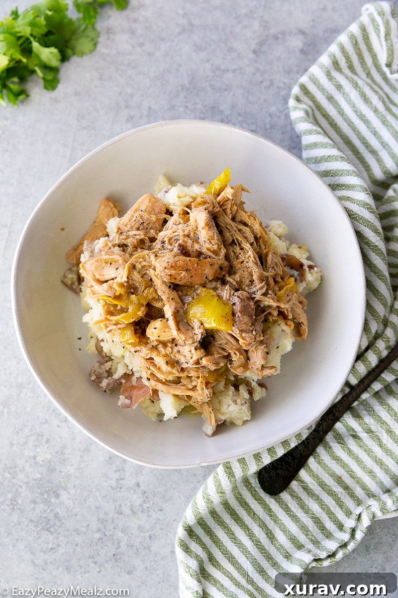 Slow cooker Mississippi chicken, cooked low and slow for tender, juicy chicken