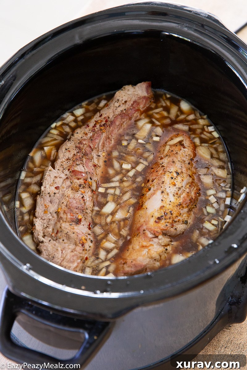 Step-by-step image of browning pork tenderloin in a skillet before placing it in the slow cooker.