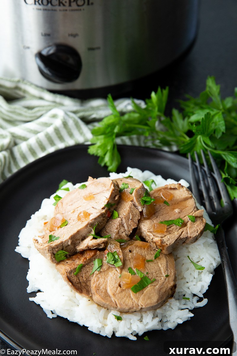 Plated slow cooker teriyaki pork tenderloin with rice and green onions, showcasing the rich sauce.