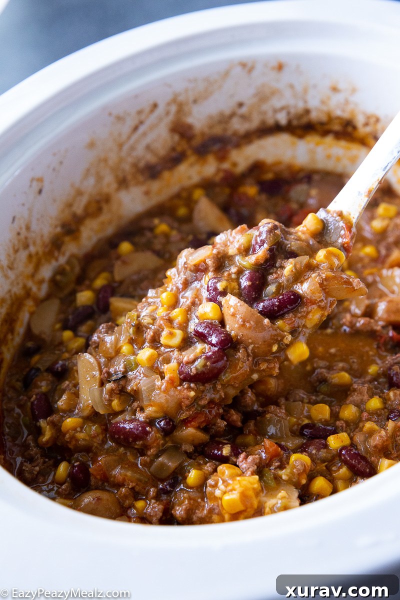 Close-up of Slow Cooker Cowboy Casserole, a hearty and comforting one-pot meal