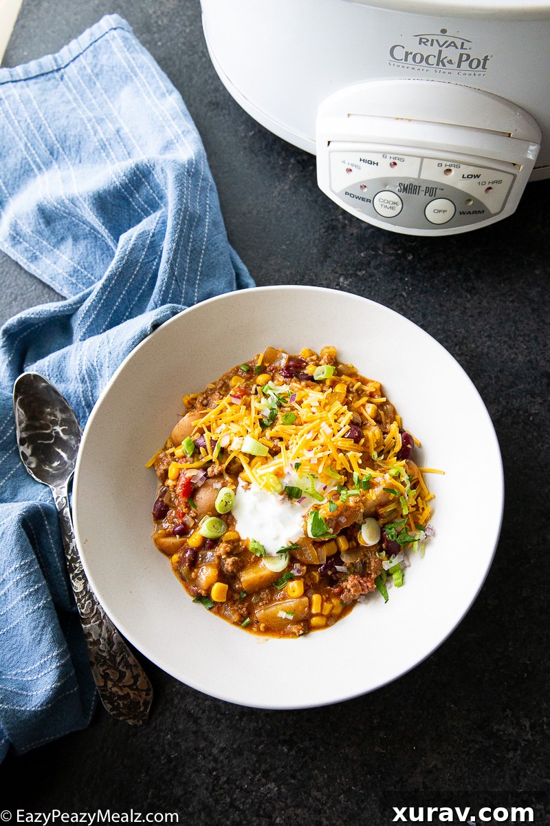Overhead shot of Slow Cooker Cowboy Casserole, a complete and satisfying meal for any occasion.