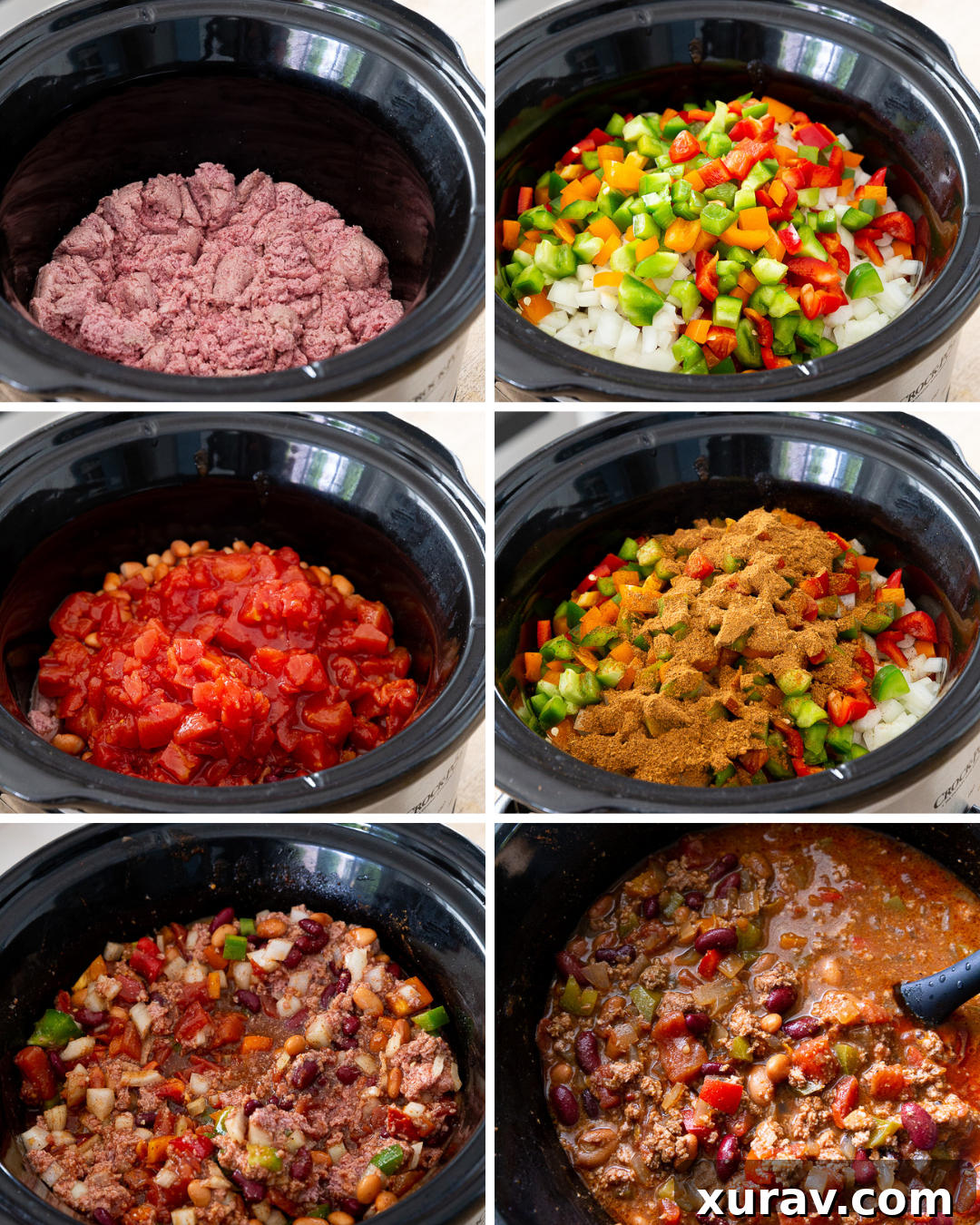 A visual step-by-step guide showing the ingredients being added to a slow cooker, then cooking, and finally a finished bowl of slow cooker turkey chili.