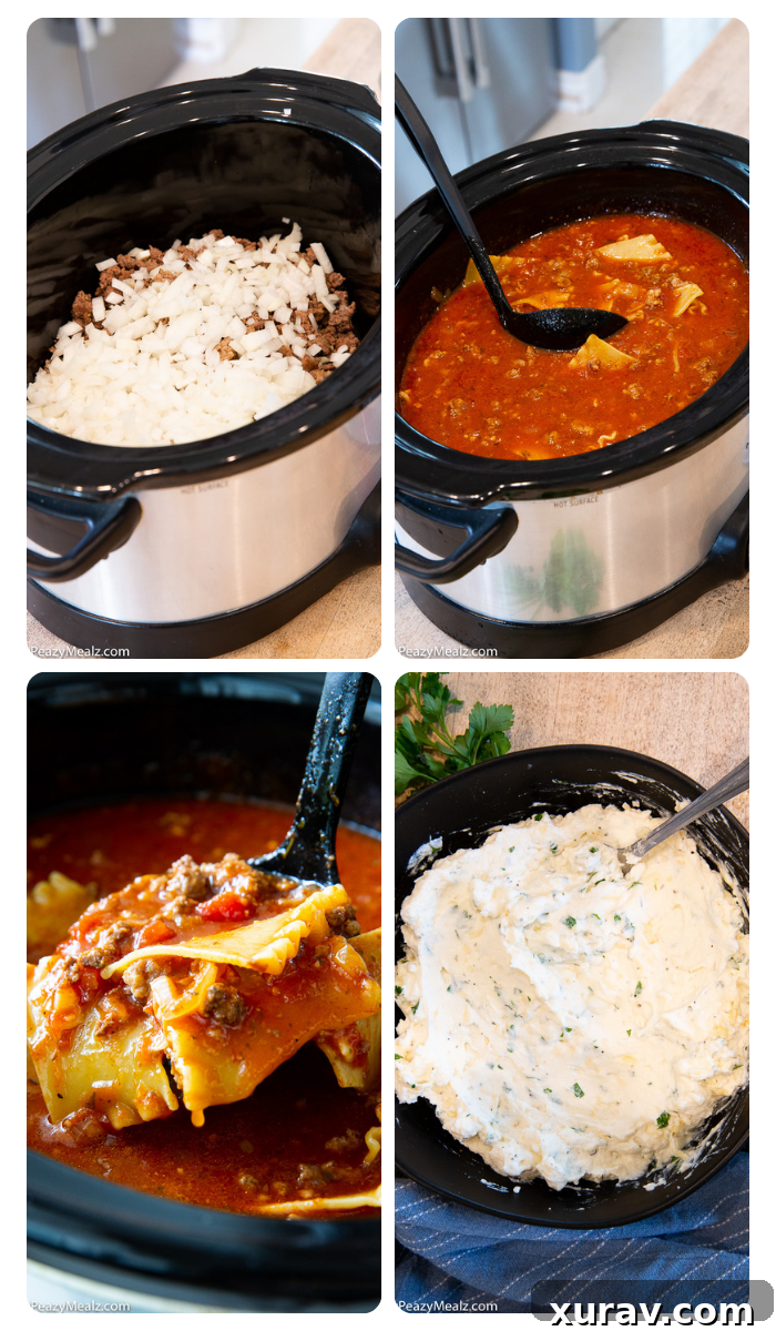 A step-by-step visual guide on how to prepare slow cooker lasagna soup, showing the browning of meat, adding ingredients, and slow cooking process.