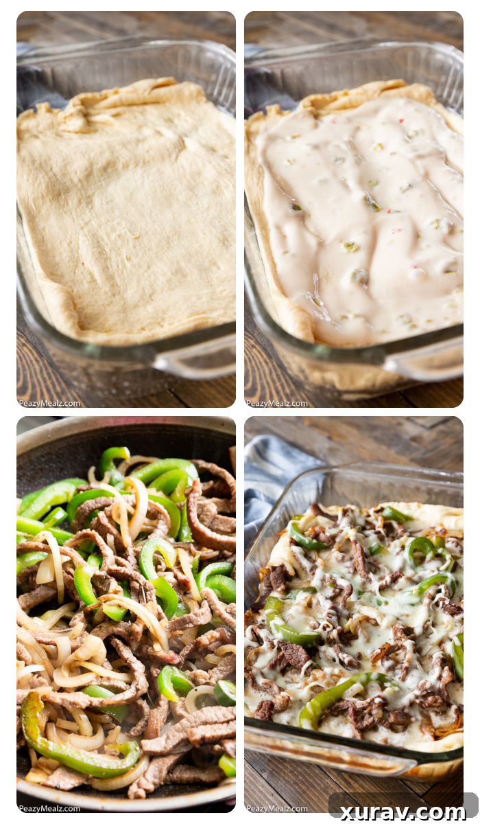 A close-up of the delicious Philly cheesesteak bake, showing the perfectly browned steak, sautéed peppers and onions, and the rich, melted cheese layer.