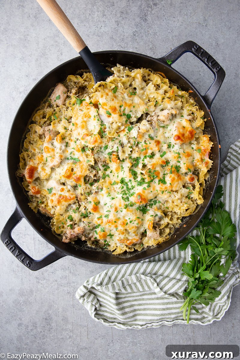 Pesto chicken pasta bake, a delicious creamy and cheesy dinner.