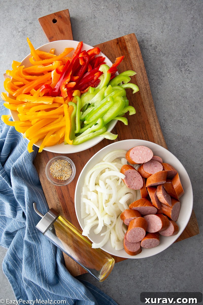 Ingredients for a pepper sausage skillet meal.